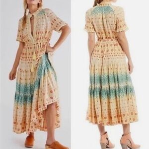Free People Rare Feelings Pleated Maxi Dress - Cream and Teal